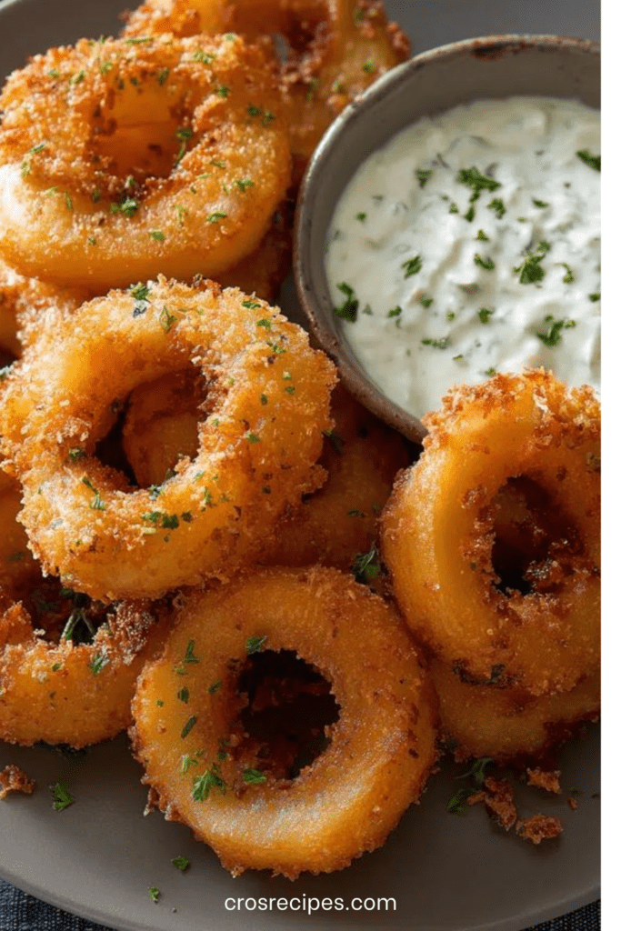 Rondelles d’oignons dorées et croustillantes servies chaudes avec une sauce crémeuse aux herbes dans un petit bol
