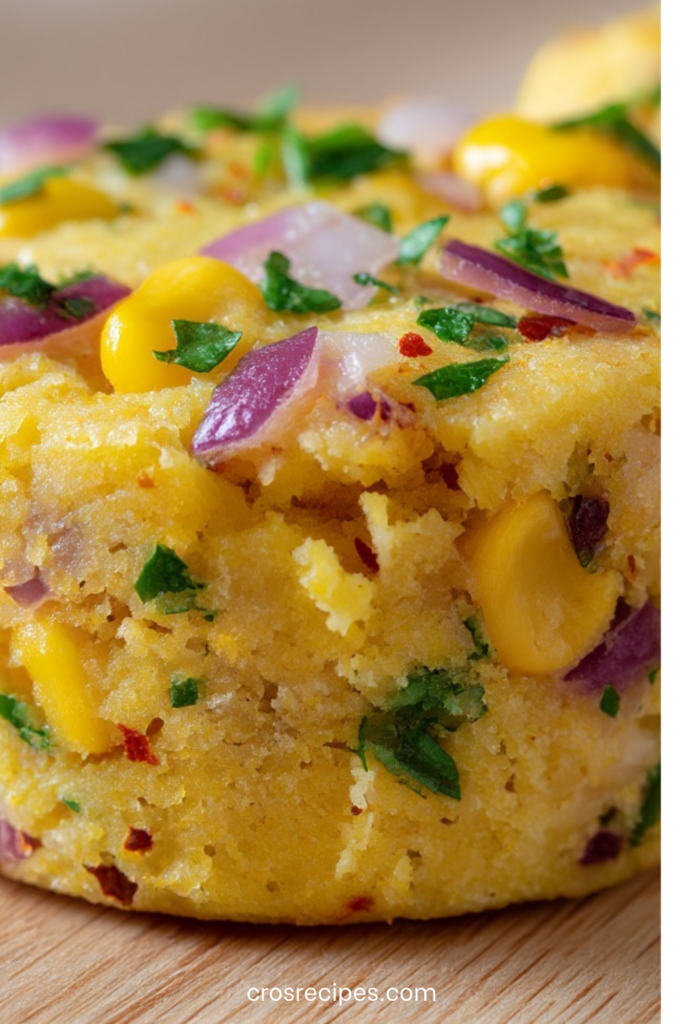 Moelleux de maïs avec oignons rouges et herbes, dorés au four et servis tièdes dans de petits moules