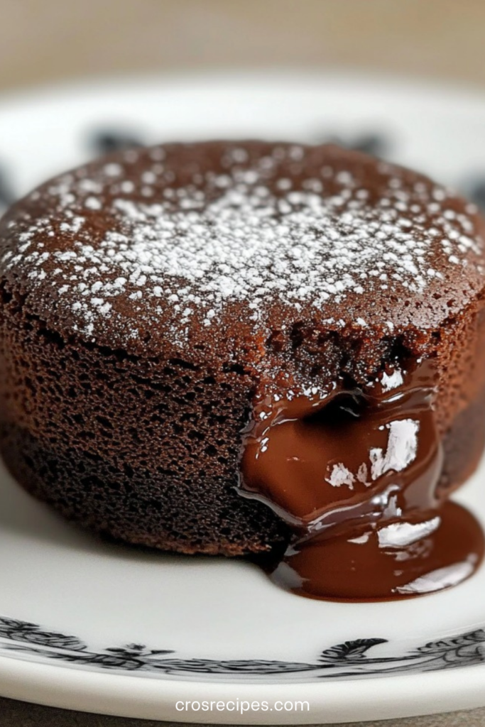 Moelleux au chocolat individuel coupé en deux laissant apparaître un cœur coulant fondant, servi sur assiette avec sucre glace