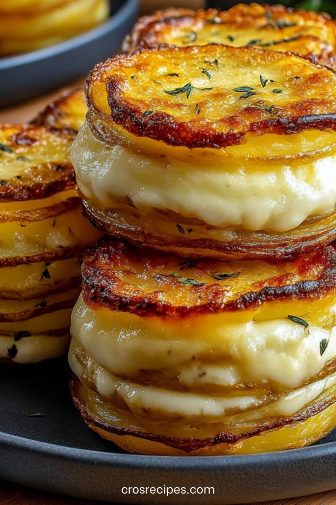 Millefeuille de pommes de terre doré et croustillant avec fromage fondant entre les couches, servi en portion individuelle sur une assiette