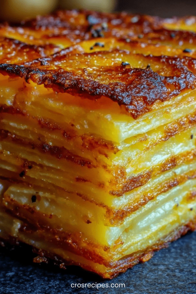 Plat de Pommes Anna croustillantes découpées en parts nettes, montrant de fines couches régulières de pommes de terre dorées et beurrées