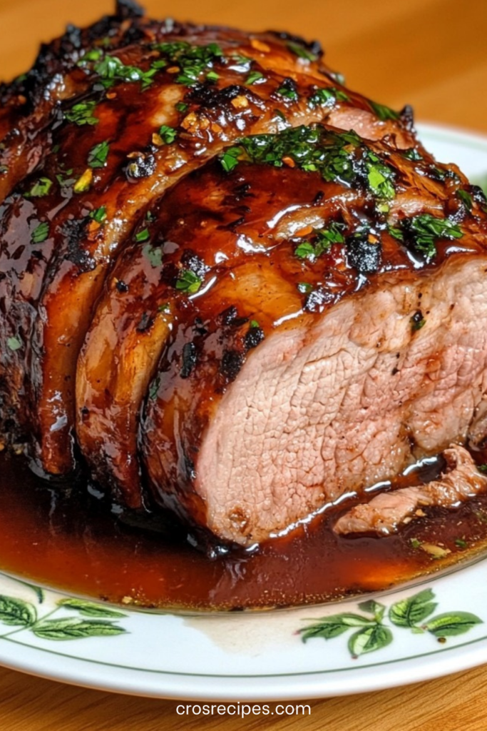 Rôti de porc caramélisé au miel et sauce soja, tranché et nappé de jus brillant, accompagné d’oignons fondants et d’herbes fraîches dans un plat de service