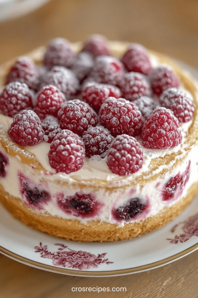 Gâteau aux framboises façon fête décoré de crème au mascarpone et de framboises fraîches sur le dessus, présenté sur un plat de service