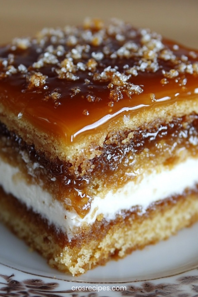 Gâteau caramel en couches avec base moelleuse, crème blanche au fromage frais et nappage caramel brillant sur le dessus, présenté en parts