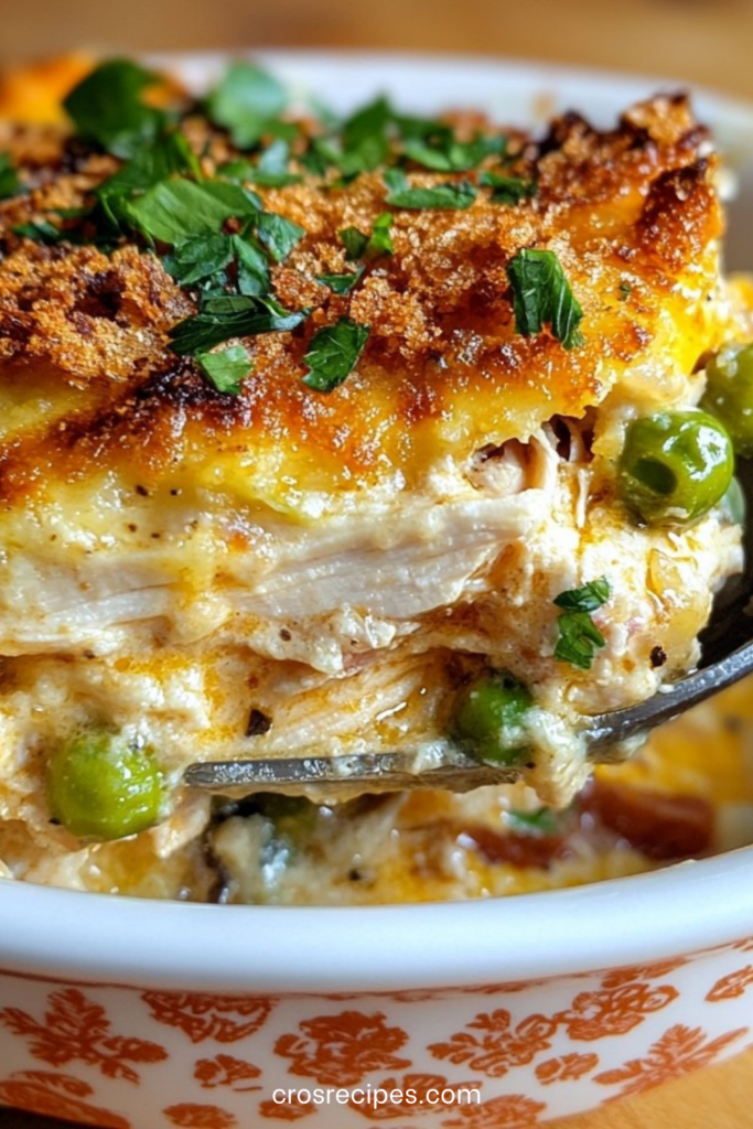 Plat de gratin express de volaille doré au four avec pommes de terre, petits pois, fromage râpé et chapelure croustillante, servi chaud dans un plat à gratin