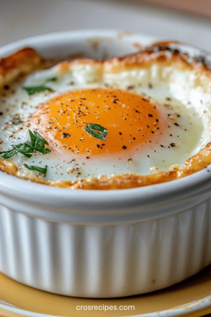 Œuf cocotte cuit au four dans un ramequin, avec blanc pris et jaune encore coulant, garni de fines herbes et servi chaud