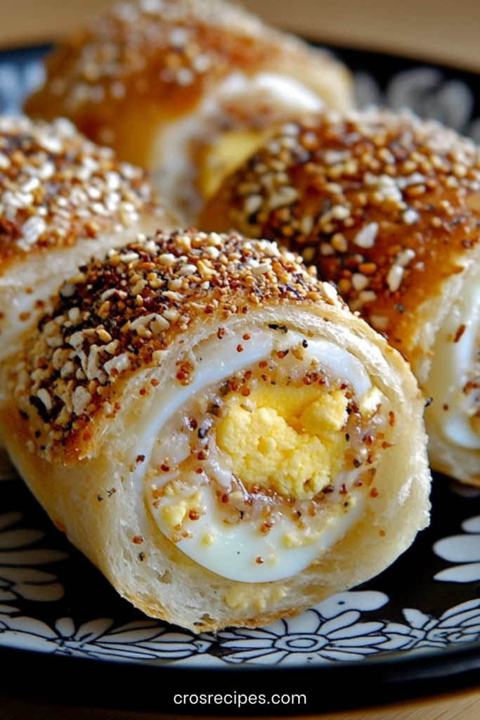 Roulés de pain garnis à l’œuf, dorés au four et roulés dans des graines de sésame, présentés en tranches montrant l’œuf dur au centre