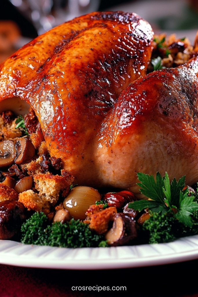 Dinde farcie entière rôtie au four, farcie aux marrons et champignons, dorée et juteuse, servie dans un plat avec oignons grelots