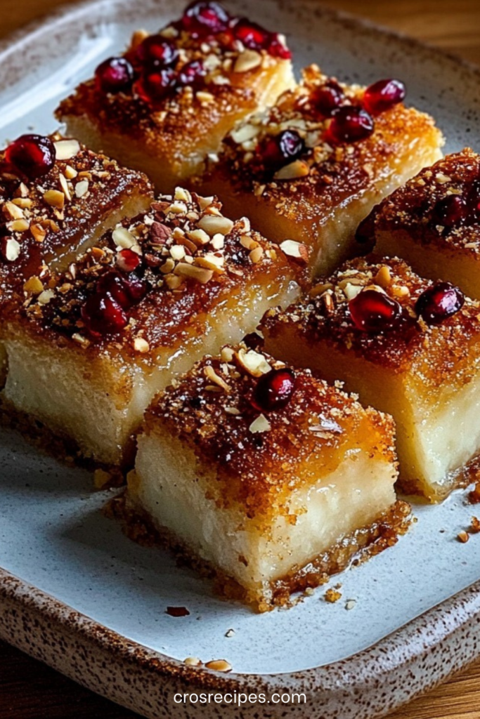 Gâteau sfouf libanais doré à la semoule et au curcuma, décoré d’amandes concassées et de graines de grenade rouges sur le dessus