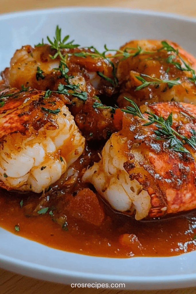 Assiette de langouste à l’armoricaine nappée de sauce tomate au vin blanc et herbes fraîches, servie avec du riz