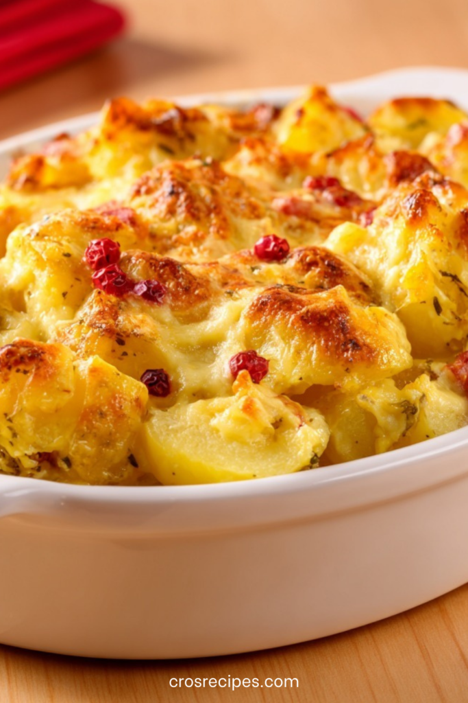 Gratin de pommes de terre doré au four avec lardons, fromage fondant et baies roses sur le dessus dans un plat à gratin