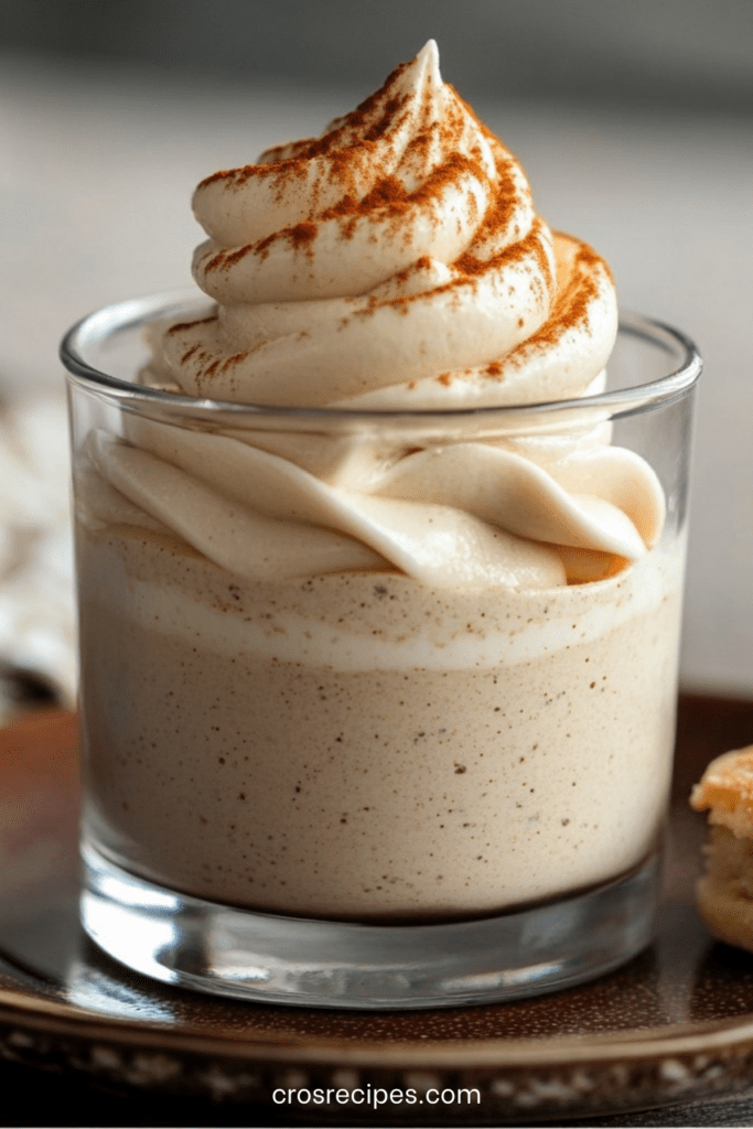 Verrine mousse transparente remplie de mousse au café onctueuse pochée à la douille, décorée de cacao en poudre avec biscuit émietté au fond
