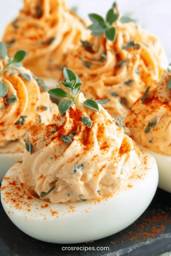 Demi-œufs mimosa garnis d’une farce crémeuse au fromage frais et saupoudrés de paprika, joliment présentés sur une assiette avec des herbes fraîches