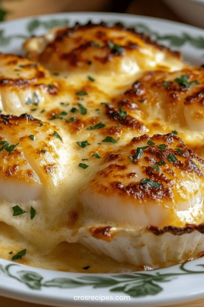 Coquilles Saint-Jacques gratinées au four avec fromage doré, noix de Saint-Jacques fondantes et persil frais, servies en coquilles individuelles