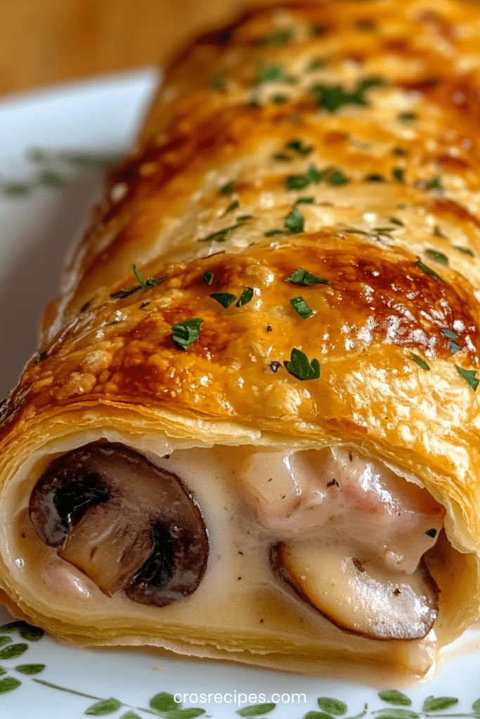 Feuilleté léger doré et croustillant garni de champignons à la crème, coupé en tranches et servi chaud avec du persil frais