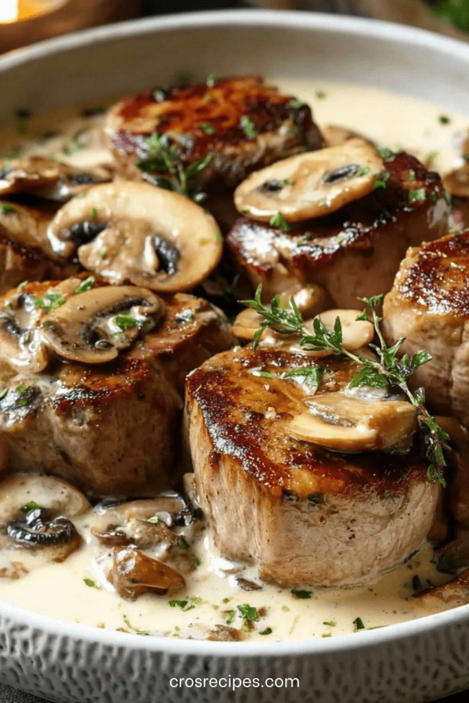 Médaillons de filet mignon nappés de sauce crémeuse aux champignons et herbes fraîches, servis chauds dans une assiette
