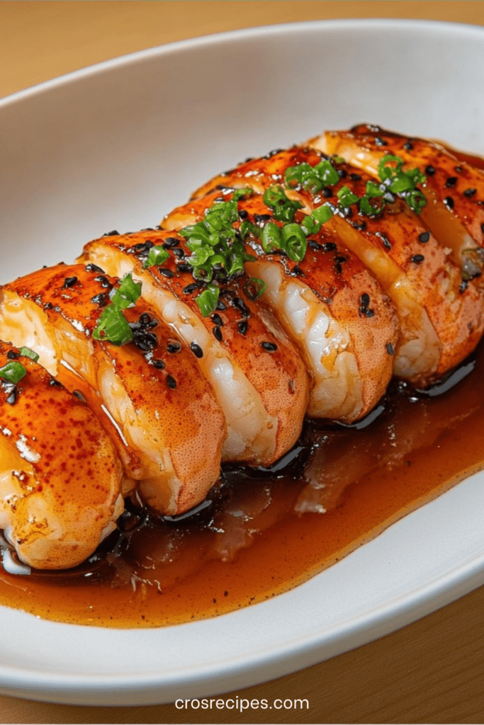 Queues de langouste laquées au miso et miel, nappées d’un glaçage brillant et garnies de sésame noir et ciboule fraîche, servies dans une assiette élégante