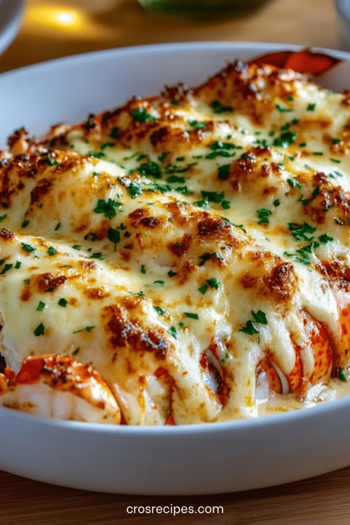 Langouste garnies d’une crème moutardée onctueuse et gratinées au comté, dorées au four et servies avec persil frais ciselé