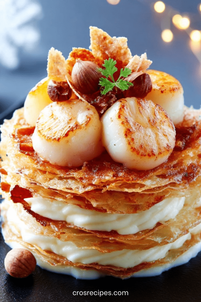 Millefeuille salé composé de feuilletage doré, crème de panais onctueuse et noix de Saint-Jacques dorées, décoré de noisettes et chips de chorizo