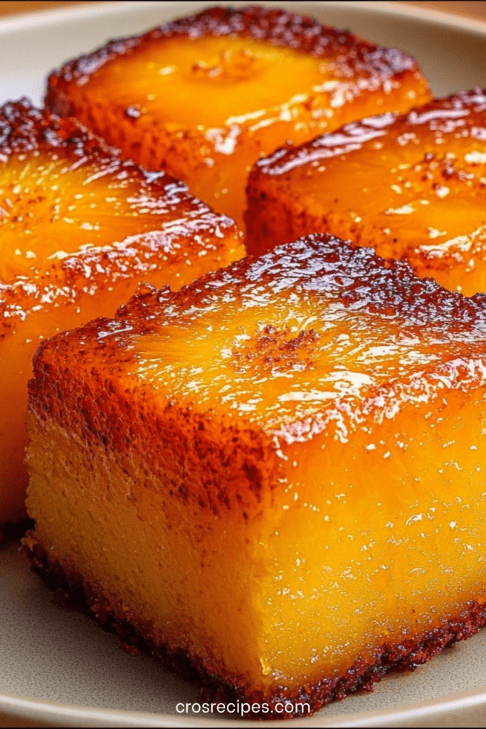 Carrés renversés à l’ananas caramélisé découpé en carrés brillants, avec des tranches d’ananas dorées sur le dessus et un intérieur moelleux