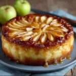 Flan alsacien aux pommes doré et moelleux dans un moule rond, avec tranches de pommes visibles.