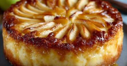 Flan alsacien aux pommes doré et moelleux dans un moule rond, avec tranches de pommes visibles.