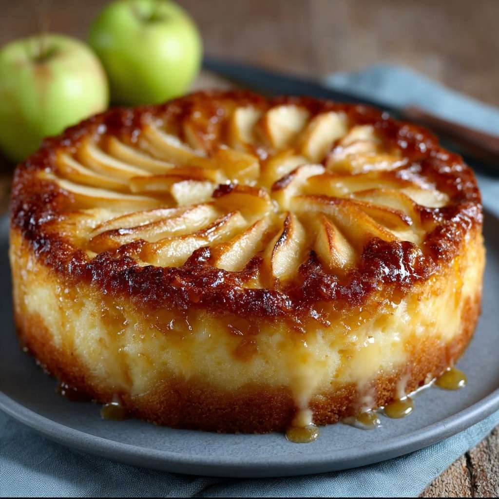 Flan alsacien aux pommes doré et moelleux dans un moule rond, avec tranches de pommes visibles.