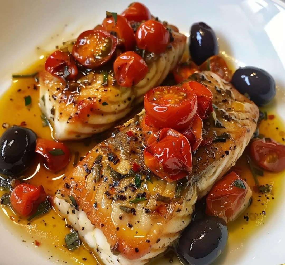 Dos de cabillaud cuit au four avec tomates cerises, olives noires, ail et herbes de Provence.