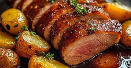 Tranches de magret de canard caramélisé au miel, servies avec pommes de terre rôties dorées et thym frais.