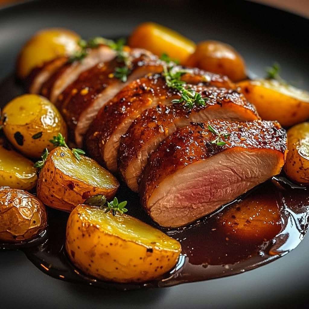 Tranches de magret de canard caramélisé au miel, servies avec pommes de terre rôties dorées et thym frais.