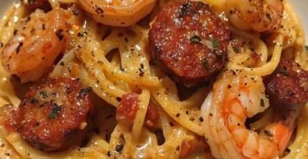 Assiette de spaghetti enrobés de crème de poivron avec chorizo doré et crevettes rosées, présentée sur une assiette blanche.