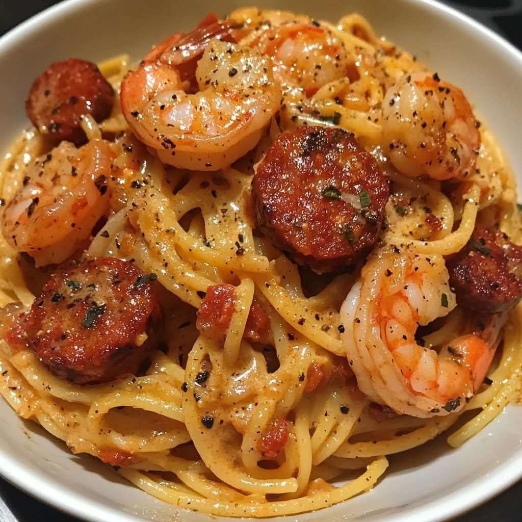 Assiette de spaghetti enrobés de crème de poivron avec chorizo doré et crevettes rosées, présentée sur une assiette blanche.
