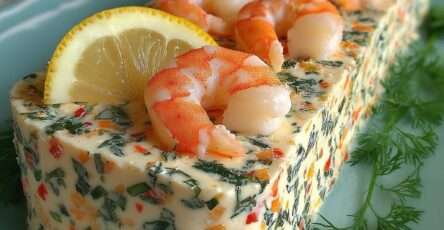 Terrine crémeuse aux crevettes et légumes colorés, démoulée en bloc rectangulaire et décorée de crevettes entières, citron et aneth.