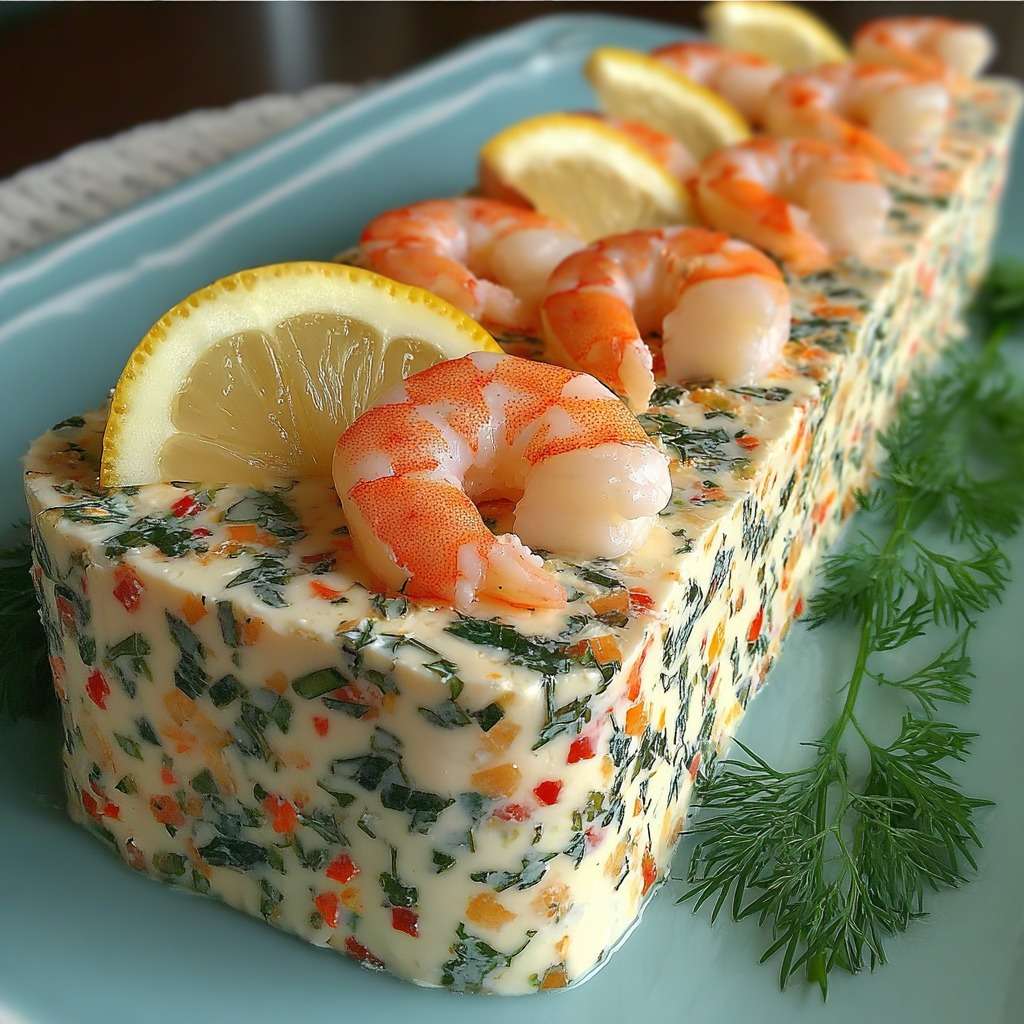 Terrine crémeuse aux crevettes et légumes colorés, démoulée en bloc rectangulaire et décorée de crevettes entières, citron et aneth.