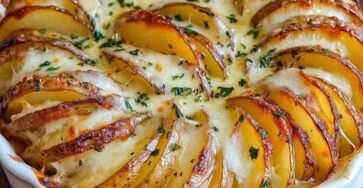Gratin de pommes de terre crousti-fondant dans un plat rond, avec tranches verticales dorées et fromage gratiné.