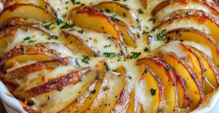 Gratin de pommes de terre crousti-fondant dans un plat rond, avec tranches verticales dorées et fromage gratiné.