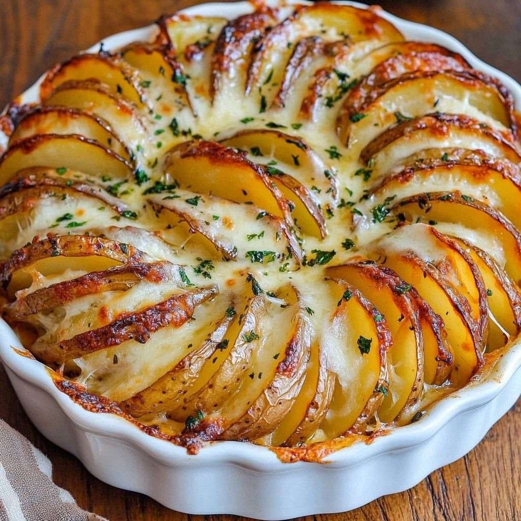 Gratin de pommes de terre crousti-fondant dans un plat rond, avec tranches verticales dorées et fromage gratiné.