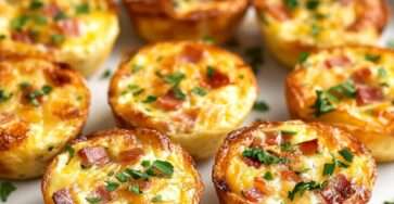 Mini-quiches sans croûte dorées aux lardons et fromage dans un moule à muffins.