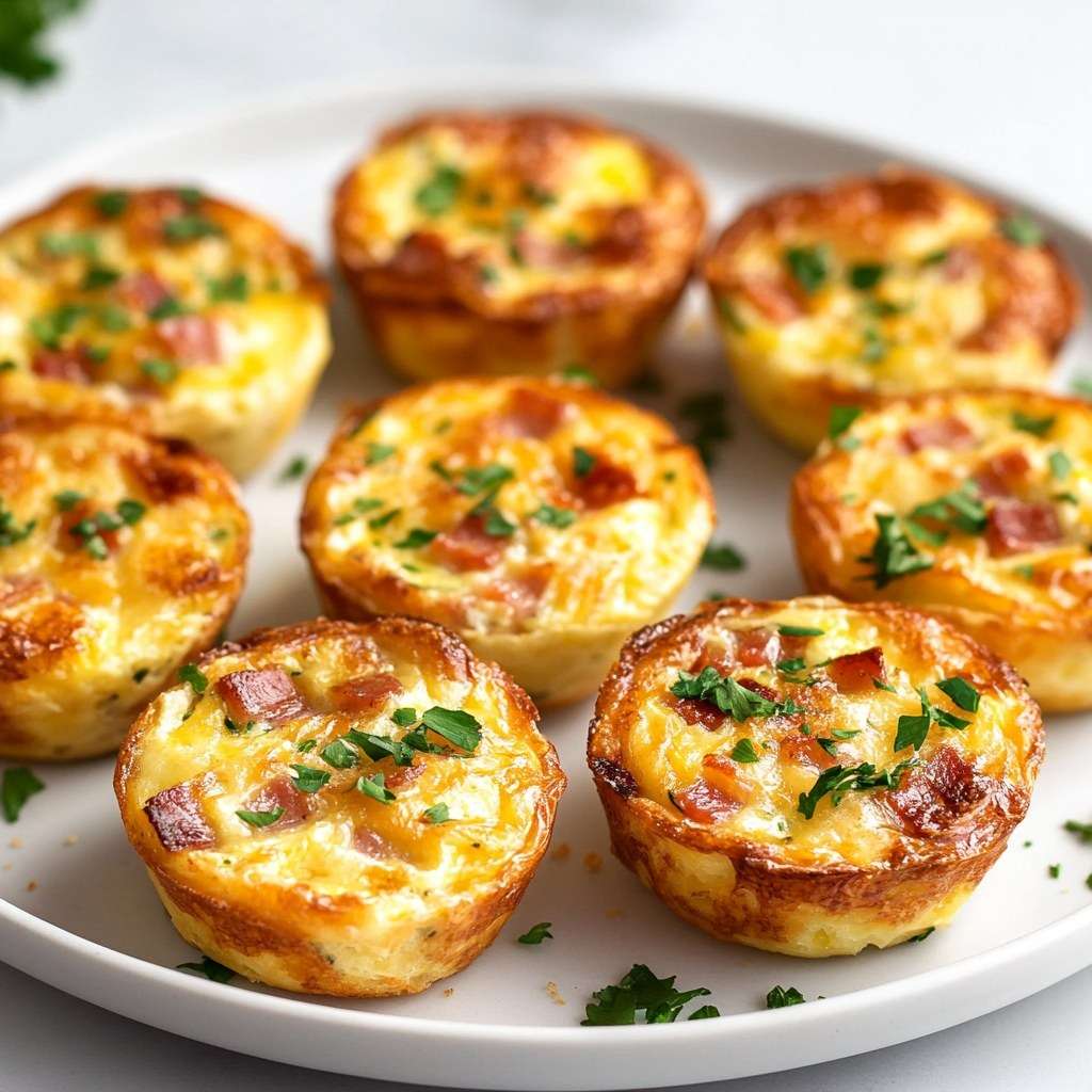 Mini-quiches sans croûte dorées aux lardons et fromage dans un moule à muffins.