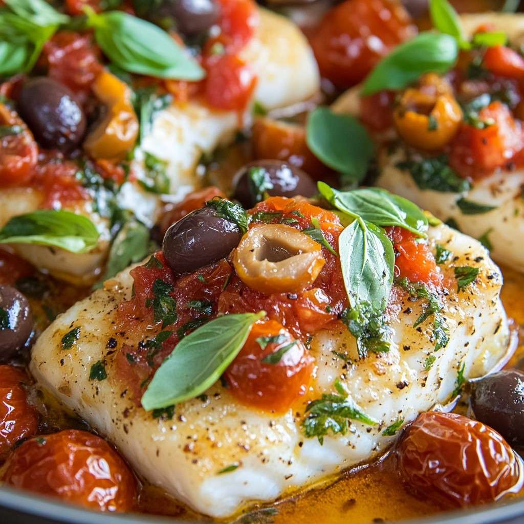 Filets de cabillaud cuits au four avec tomates cerises et olives, baignés d’huile d’olive et d’herbes méditerranéennes.