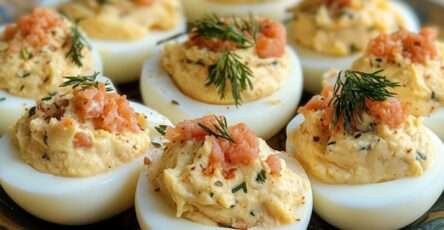 Œufs mimosa garnis de préparation au saumon ou thon, décorés d’herbes fraîches et de paprika.