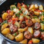 Poêlée rustique de pommes de terre dorées et saucisses fumées avec oignons et poivrons.