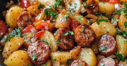 Poêlée rustique de pommes de terre dorées et saucisses fumées avec oignons et poivrons.