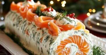 Bûche salée roulée au saumon fumé garnie de fromage frais à l’aneth, présentée sur un plat décoré de citron et herbes.