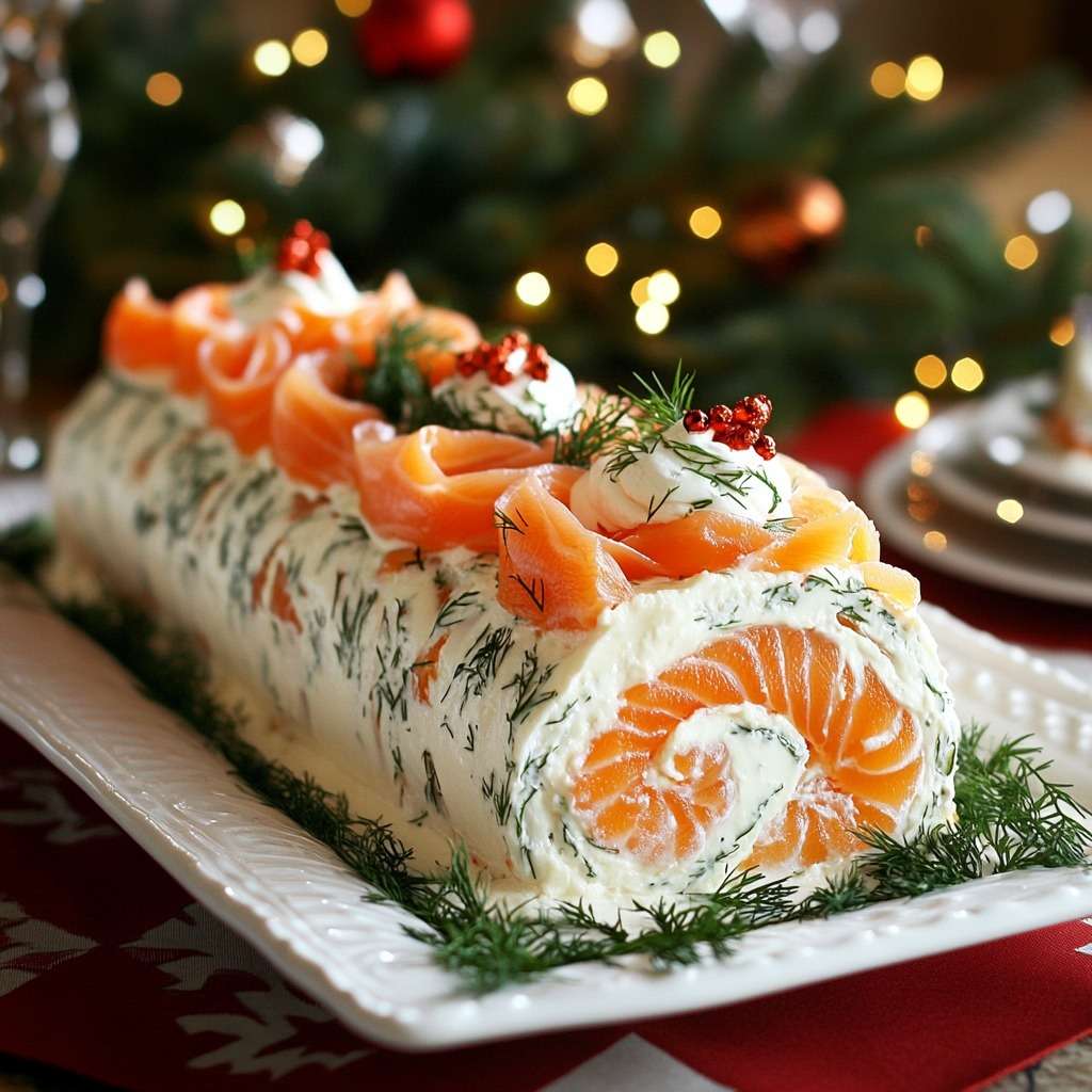 Bûche salée roulée au saumon fumé garnie de fromage frais à l’aneth, présentée sur un plat décoré de citron et herbes.