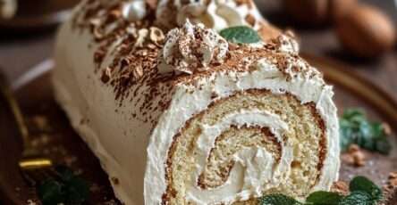 Gâteau roulé à la crème de marrons décoré de sucre glace et morceaux de marrons glacés.