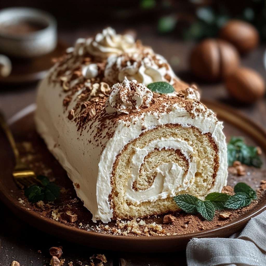 Gâteau roulé à la crème de marrons décoré de sucre glace et morceaux de marrons glacés.