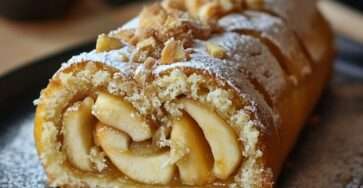 Gâteau roulé aux pommes garni de pommes caramélisées et saupoudré de sucre glace.