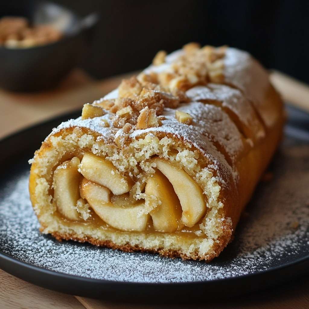 Gâteau roulé aux pommes garni de pommes caramélisées et saupoudré de sucre glace.
