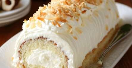 Gâteau roulé à la noix de coco garni de crème pâtissière, saupoudré de noix de coco râpée.